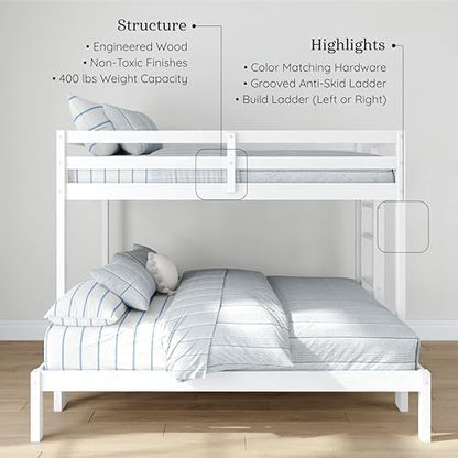 Grain & Grove Bear Twin Over Full Bunk Bed, Sturdy Bunk Bed Frame for Kids, Plywood Bunk with Ladder, Guardrail, and Slats, No Box Spring Required, Brushed White