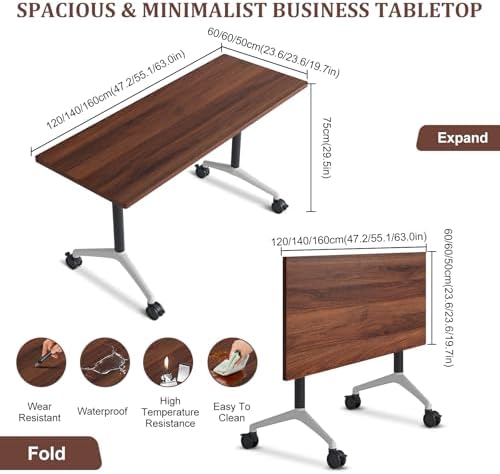 Folding Conference Table Modern Large Mobile Meeting Table Rolling Conference Room Tables with Wheels Seminar Tables for Office Training Classroom (8, Walnut, 70.9" D X 23.6" W X 29.5" H)