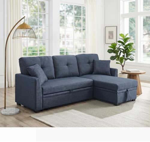 Convertible Sofa Bed, L Shape Sleeper Sofa with Reversible Storage Chaise, Tufted Fabric Sectional Sleeper Sofa with Pull Out Bed for Small Space, Living Room, Apartment, Dark Blue