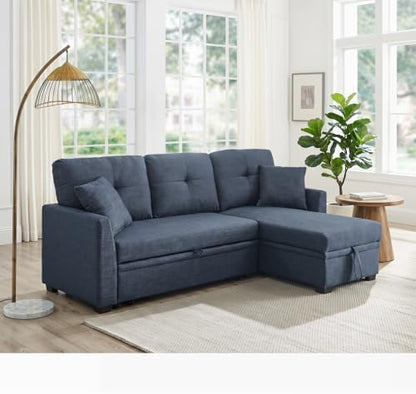 Convertible Sofa Bed, L Shape Sleeper Sofa with Reversible Storage Chaise, Tufted Fabric Sectional Sleeper Sofa with Pull Out Bed for Small Space, Living Room, Apartment, Dark Blue
