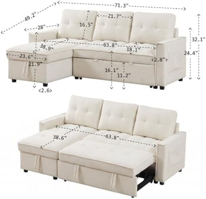 71" L Shaped Queen Pull Out Sofa Bed with Storage, USB Port, Beige