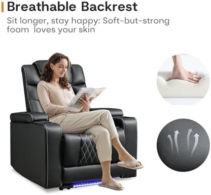 ANJ Power Recliner Chairs Set of 6, Electric PU Leather Home Theater Seating with Adjustable Recline,LED Light, Hidden Arm Storage, USB Port, Cup Holders – Breathable Backrest, FSC Wood Frame,Black