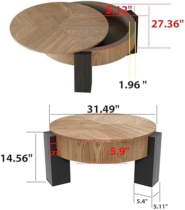 33'' Round Coffee Table with Hidden Storage, Modern Wood Veneer Top, 3 Block Legs Sturdy Center Accent Table for Living Room, Small Space, Natural Wood & Black