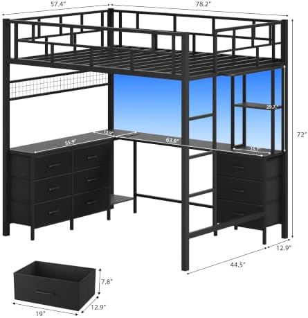 Full Size Loft Bed with Desk and 9 Storage Drawers, Black