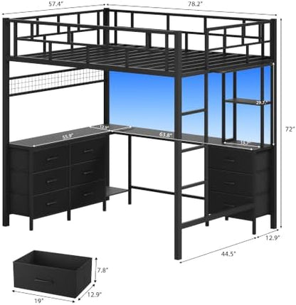 Full Size Loft Bed with Desk and 9 Storage Drawers, Black