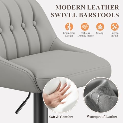 MALOL Bar Stools Set of 2, Swivel Bar Chairs, Modern Adjustable PU Leather Upholstered Barstools Counter Height with Tufted Back for Bar, Kitchen Counter Island, Dining Room, Grey