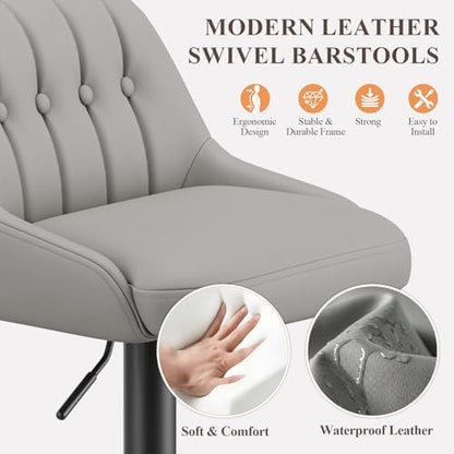 MALOL Bar Stools Set of 2, Swivel Bar Chairs, Modern Adjustable PU Leather Upholstered Barstools Counter Height with Tufted Back for Bar, Kitchen Counter Island, Dining Room, Grey