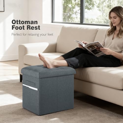 Storage Ottoman, Upgraded 17" High Folding Linen Foot Rest Dark Grey