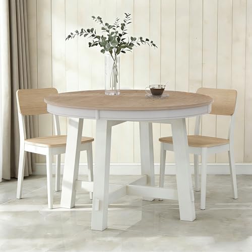 Bellemave 42"-58" Extendable Dining Table for 4-6, Solid Wood Oval Dining Kitchen Table with Removable Leaf, Farmhouse Circle Desk for Kitchen Living Room Space Saving (Natural+White)