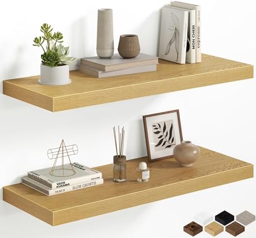 12 Inch Deep Floating Shelves, 32W x 12D Floating Shelf for Books, Rustic Wood Deep Wall Shelves for Home Storage & Display, 1.5" Thicked Shelves for Kitchen, Living Room, Bedroom, Oak, 2 Pack