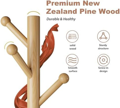8-Hook Freestanding Coat Rack 3 Heights Safe Round Tips Nature