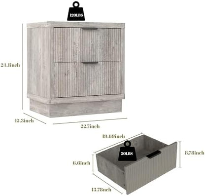 Fluted Nightstand Set of 2, Bedside Table with 2 Drawer, Modern End Table Large Wooden Sofa Side Table, Night Stand for Bedroom, Small Space