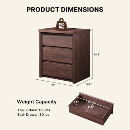 Amada 3 Drawer Nightstand with Charging Station, Modern Mid-Century Walnut