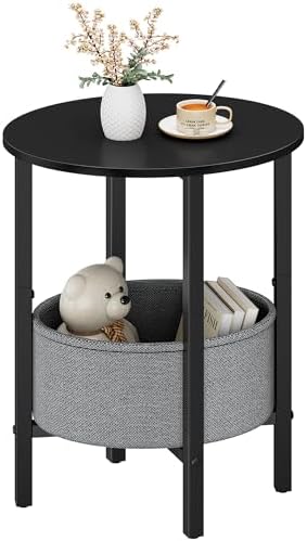 Round Side Table End Table with Storage Basket, Small Side Table Round Nightstand for Small Spaces, Tall Oval End Table with Steel Frame, Coffee Bedside Table for Living Room Bedroom, Black