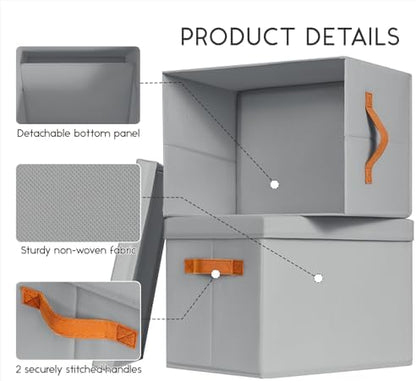 Storage Bins with Lids - Large Fabric Closet Bins with Lid, 6 Pack Clothes Organizers and Storage, Collapsible Stackable Cube Basket for Home, Office, Dorm, Grey