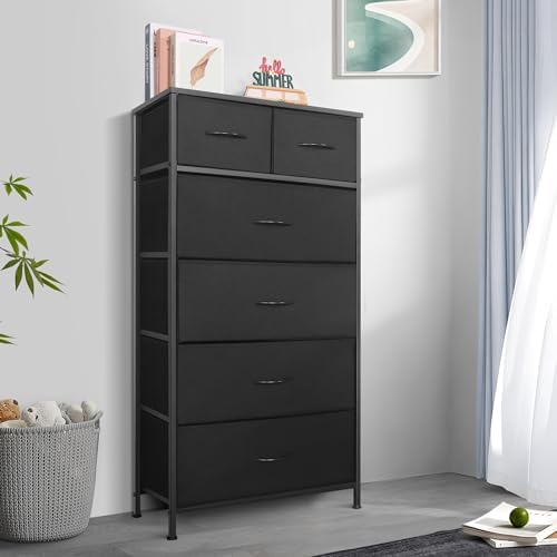 Mifuro Tall Dresser for Bedroom, Vertical Storage Organizer Tower with 7 Drawers, Chest of Drawers with Fabric Bins, Steel Frame, Wood Top for Bedroom, Closet, Entryway- Black