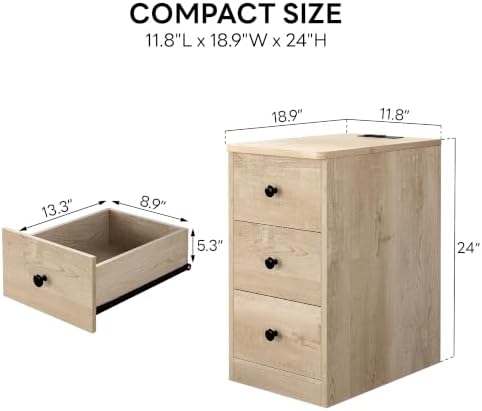 LIKIMIO Nightstand with Charging Station, 3 Drawers Modern for Bedroom