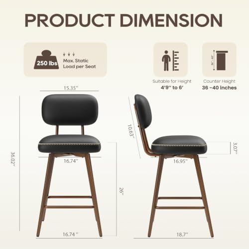 MALOL 26“ Mid Century Leather Swivel Bar Stools Set of 2, Black