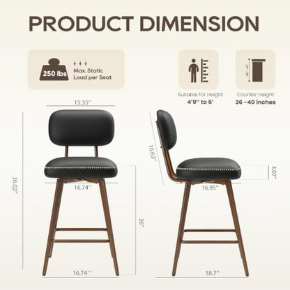MALOL 26“ Mid Century Leather Swivel Bar Stools Set of 2, Black