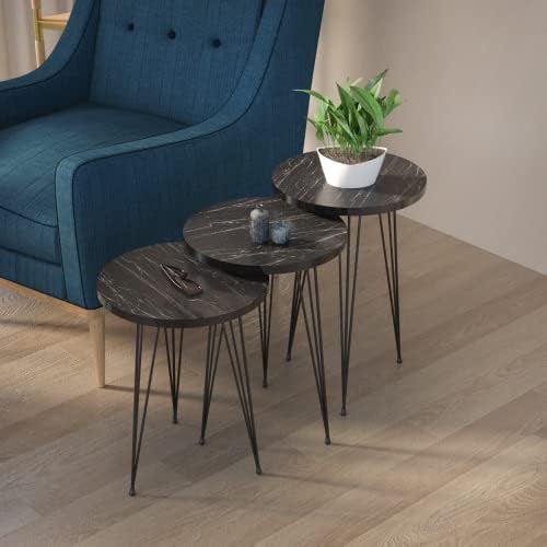 Set of 3 Nesting End Tables Round Wood Stacking Coffee Side Accent Sofa Table with Metal Legs for Living Room, Home Office, Nightstands for Bedroom (Black Marble)