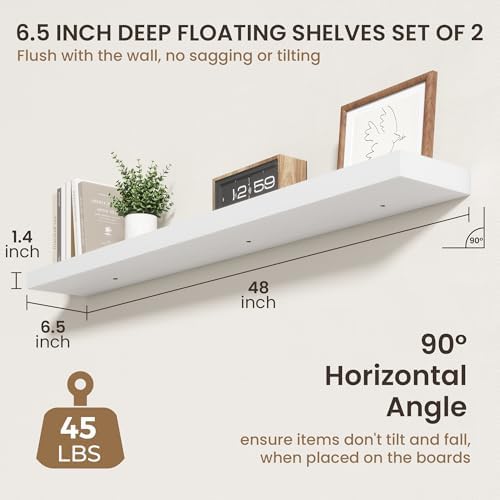 FLYJOE 48 Inch Floating Shelves, 6.5 Inch Deep White Shelves Set of 2