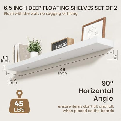 FLYJOE 48 Inch Floating Shelves, 6.5 Inch Deep White Shelves Set of 2