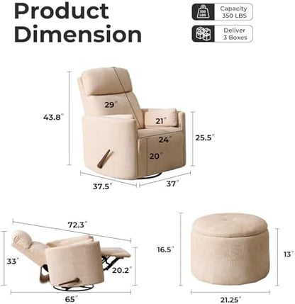 Oversized Swivel Rocker Recliner Chair with Massage and Heat, Manual Swivel Glider Rocker Recliner with 2 Bolster Pillows, Rocking Nursery Chair with Storage Ottoman , Adjustable Headrest, Beige