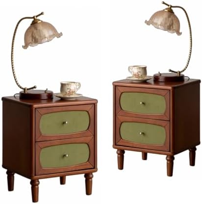 100% Solid Wood Nightstand Set of 2, Vintage Nightstand with Drawers, Mid Century Modern Nightstands, Wooden Bedside Table, French Vintage Side Tables for Bedroom, Teak Finish, 19.69" H