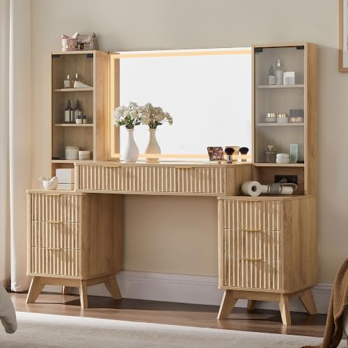 T4TREAM 60" Fluted Makeup Vanity Desk with 36" Lighted Mirror, Oak