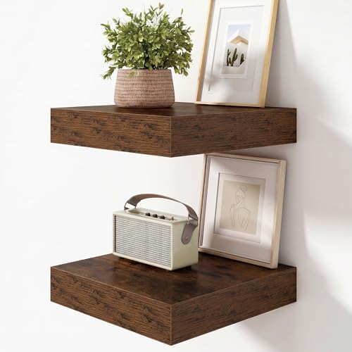 FLYJOE 12 Inch Deep Floating Shelves, 12'' x 12'' Brown Shelves Set of 2