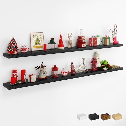 Dreamland 72Inch Floating Shelves for Wall, Rustic Wooden Black Floating Shelves for Living Room, Kitchen, Farmhouse, Deep Wall Mounted Book Shelf, Wood Storage Display Shelf for Home Decor, Set of 2
