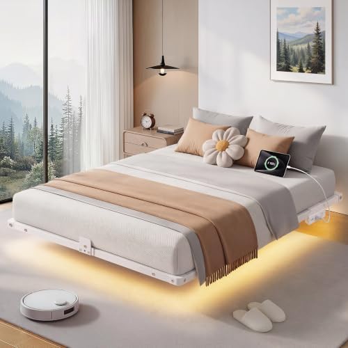 Floating Bed Frame King Size, Smart LED Lights & Charging Station, 9.45" High Clearance, Mattress Slide Stopper, Noise-Free, No Box Spring Needed, Easy Assembly