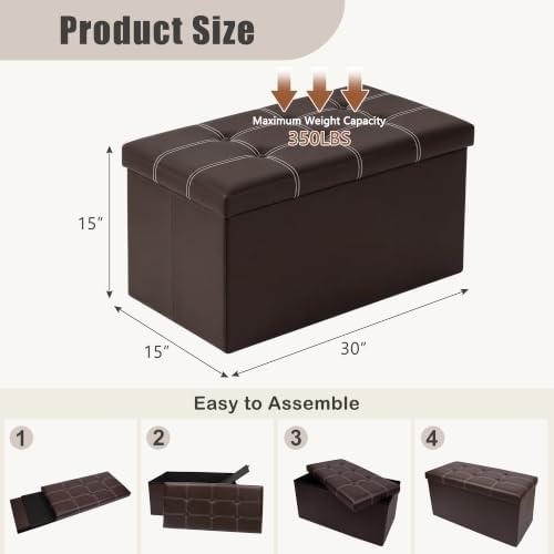 30 Inches Folding Storage Ottoman Bench, Faux Leather Footstool Ottoman, Storage Trunk Footrest for Bedroom, Living Room and Hallway, Support 350lbs, Brown (White line)