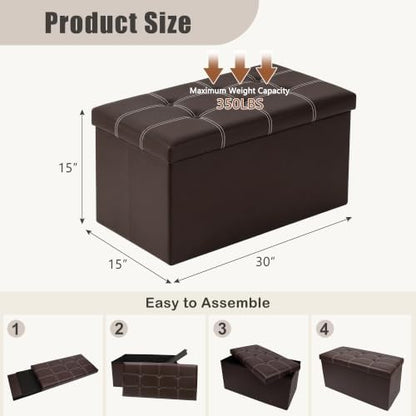 30 Inches Folding Storage Ottoman Bench, Faux Leather Footstool Ottoman, Storage Trunk Footrest for Bedroom, Living Room and Hallway, Support 350lbs, Brown (White line)