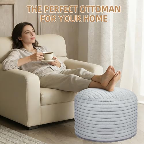 Round Stuffed Pouf Ottoman Foot Rest for Couch Round Ottoman with Foam Chunk Filling Stripe Faux Fur Ottomans for Living Room Floor (26"x18",Light Grey)