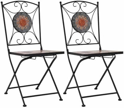 Garden Chair Set of 2 Orange and Grey Powder-coated iron, Ceramic,Stylish Mosaic Bistro Chairs with Geometric Pattern | Durable & WeatherResistant | for Garden, Patio or Terrace Outdoor Furniture