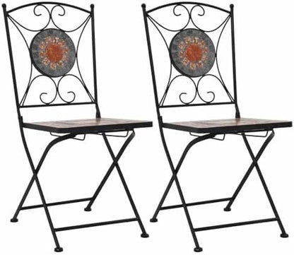 Garden Chair Set of 2 Orange and Grey Powder-coated iron, Ceramic,Stylish Mosaic Bistro Chairs with Geometric Pattern | Durable & WeatherResistant | for Garden, Patio or Terrace Outdoor Furniture