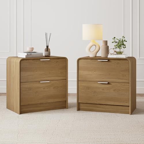 Wood Nightstand Set of 2, Oak End Table with 2 Drawers Storage, 23.6" Round Bedside Table, Mid Century Modern Nightstands for Bedroom