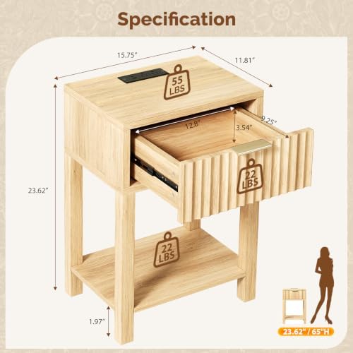 VINGLI Fluted Nightstand with Charging Station Led Oak Nightstand