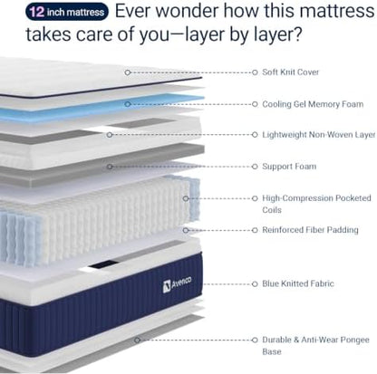 Avenco 12 inch Full Size Mattress, Medium Firm Full Hybrid Mattress in a Box, with Smarts Coil Pocket Springs & Cooling Gel Memory Foam for Pressure Relief, Motion Isolation, CertiPUR-US Certified