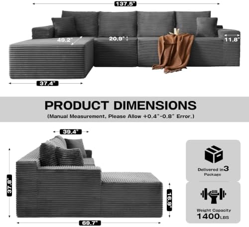 96" Sectional Couches for Living Room Cloud Couch Sofa with L-Shape Upholstered Boneless Couchs Modern Modular Sectional Couch with Chaise (Dark Grey, 136" L Shaped with Left Facing Chaise)