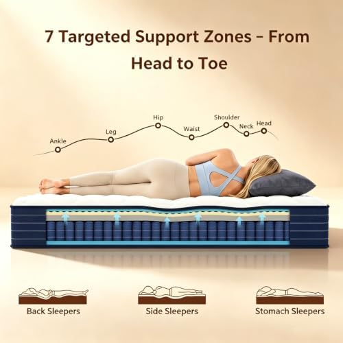 Queen Mattress, 12 Inch Hybrid Queen Mattress, Medium Firm with 7-Zone Support, Individually Pocketed Springs for Pressure Relief and Motion Isolation, Cooling Sleep, Colchones Queen