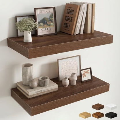 24 Inch Floating Shelves Wall-Mounted, 12 Inch Deep Wall Shelves, 24 x 12 Floating Shelf, Deep Storage Shelf for Living Room Bathroom Bedroom, Walnut, Set of 2