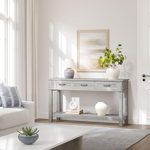 GarveeHome 3 Drawers Entryway Table, Farmhouse Wooden Console Table,Grey