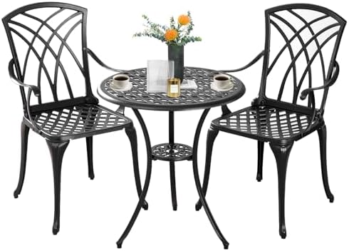 Bistro Set 3 Piece Outdoor,Cast Aluminum Outdoor Bistro Set,All Weather Bistro Table and Chairs Set of 2 with 1.97" Umbrella Hole,Patio Bistro Sets for Garden(Woven Black)
