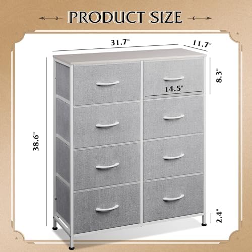WLIVE 8 Drawer Fabric Dresser for Bedroom, Tall Storage Tower, Light Grey