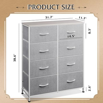 WLIVE 8 Drawer Fabric Dresser for Bedroom, Tall Storage Tower, Light Grey