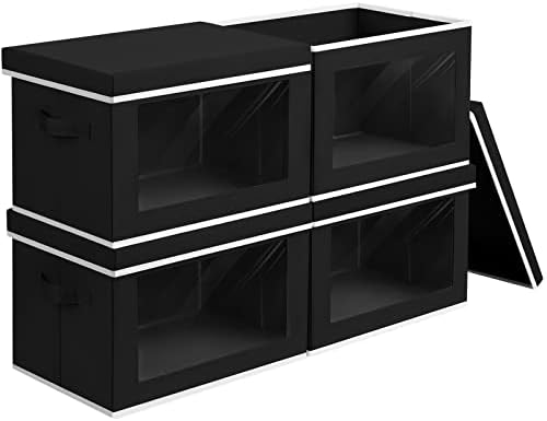 Storage Bins with Lids, 4 Pack Large Storage Cubes with Window, Closet Bins with Lids & Handles, Fabric Box for Organizing Clothes, Towels, Books, Black