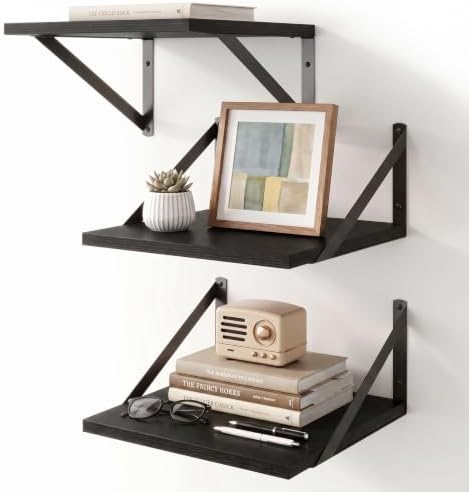 Black Floating Shelves Set of 3, 12"W x 12"D Wall Shelf with Bracket