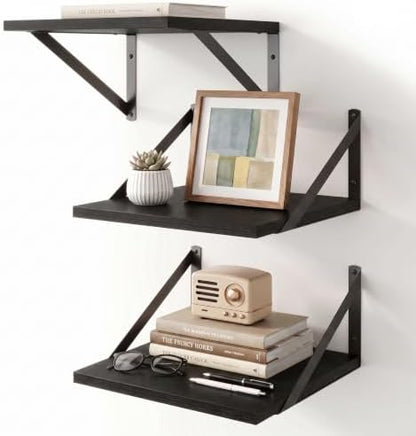 Black Floating Shelves Set of 3, 12"W x 12"D Wall Shelf with Bracket